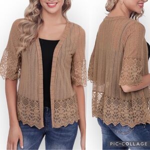 New Boho Solid Lace Open Front Crop Short Cover Up Black Semi Sheer Kimono NWT